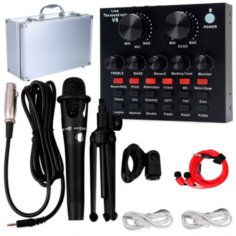 Kit Mesa de Som Portátil V8 Interface de Áudio Microfone e Suporte - V8 KIT