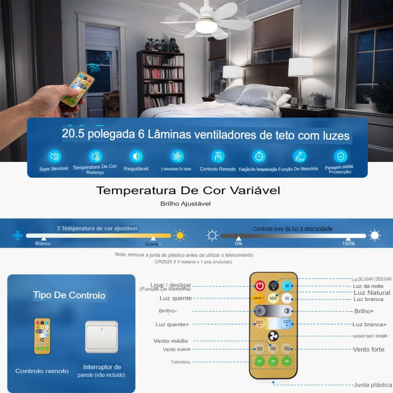 Ventilador de Teto Super Silencioso Iluminação  e Ventilação C/ Controle Remoto 40W